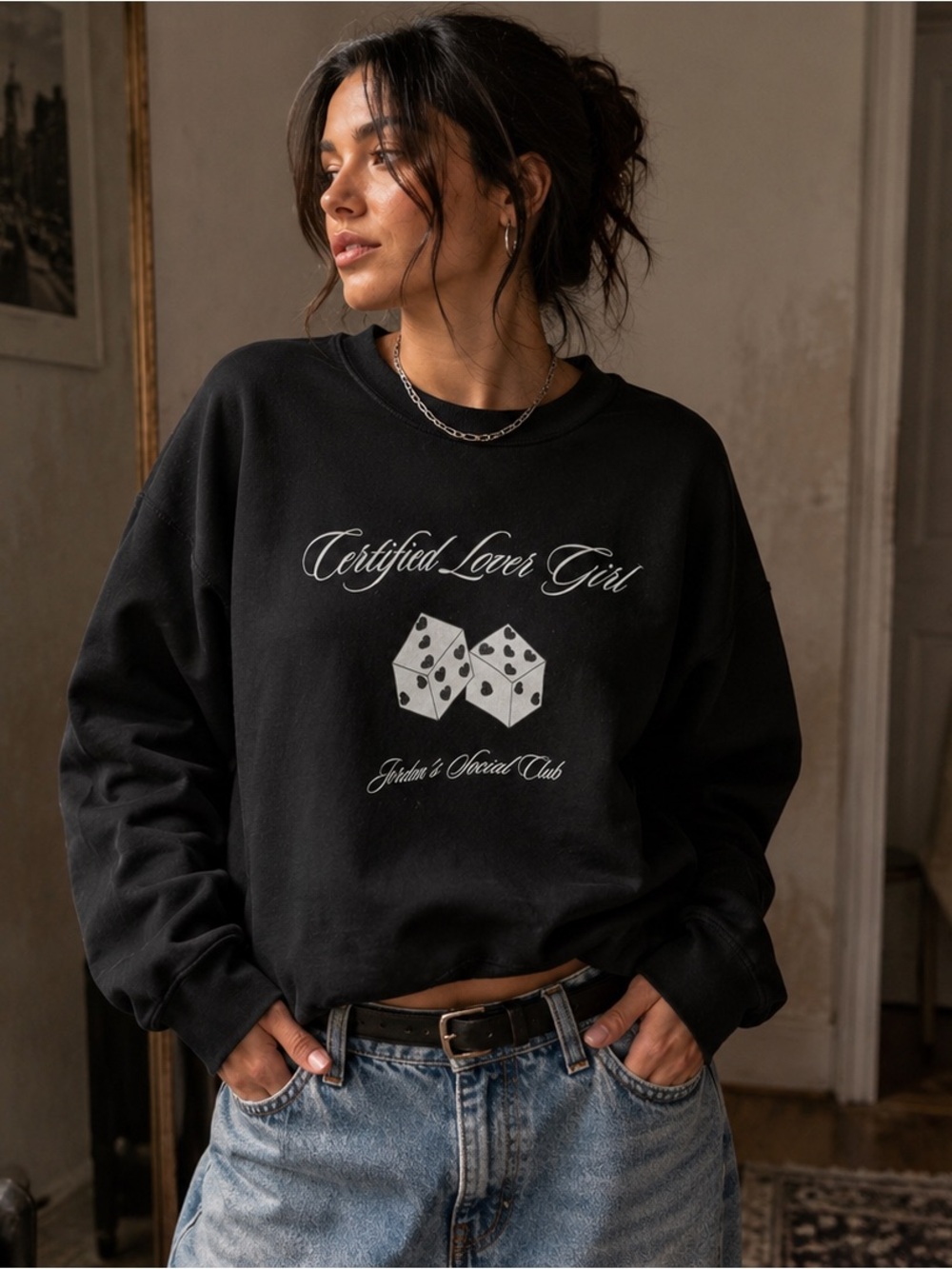 Lover Girl Dice Graphic Black Crewneck Sweatshirt S